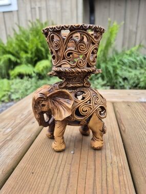 Vintage Handcarved Wood Rattan Boho Style Candle Holder Plant Holder Elephant